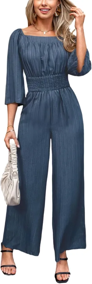 CUPSHE Women's Romper Woven Square Neck 3/4 Sleeves Smocked Waist Straight Leg Jumpsuit Outfit Casual