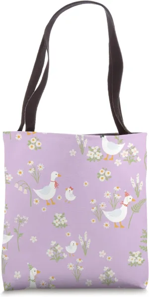 Cute Cottagecore flower and Geese Lavender Print Tote Bag