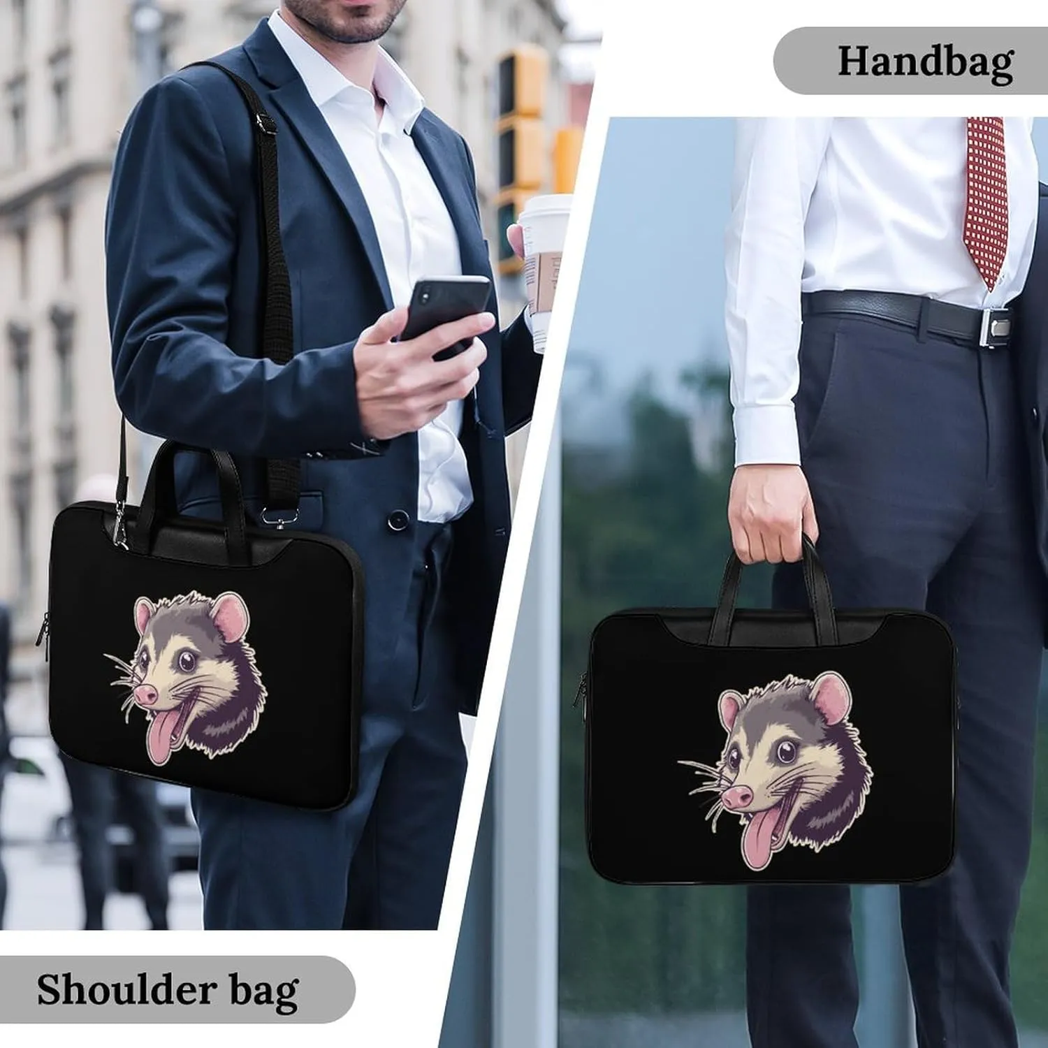 Cute Opossum with Tongue Out Leather Bag Laptop Case Slim Water Resistant Computer Bags with Handle Briefcase for Work