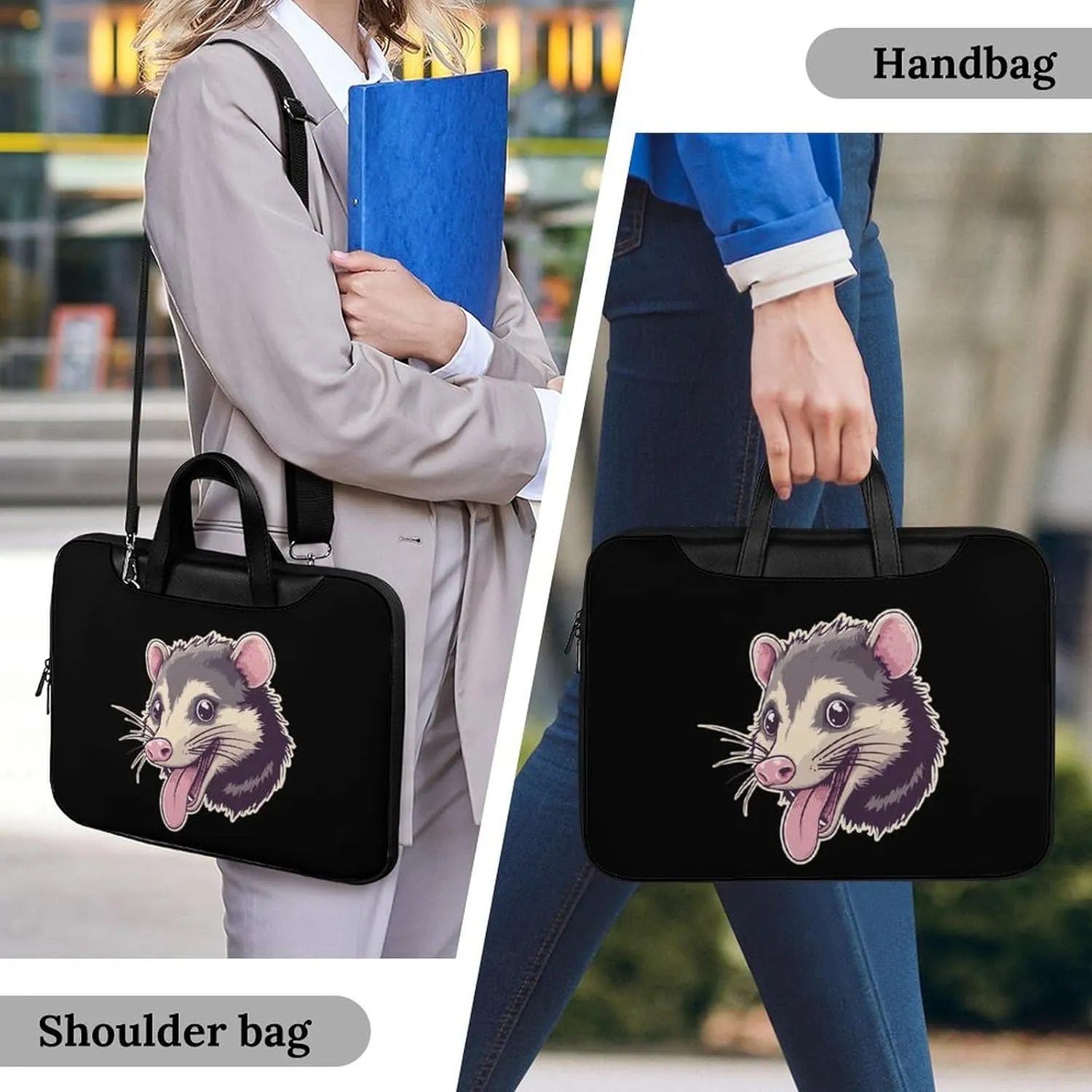 Cute Opossum with Tongue Out Leather Bag Laptop Case Slim Water Resistant Computer Bags with Handle Briefcase for Work