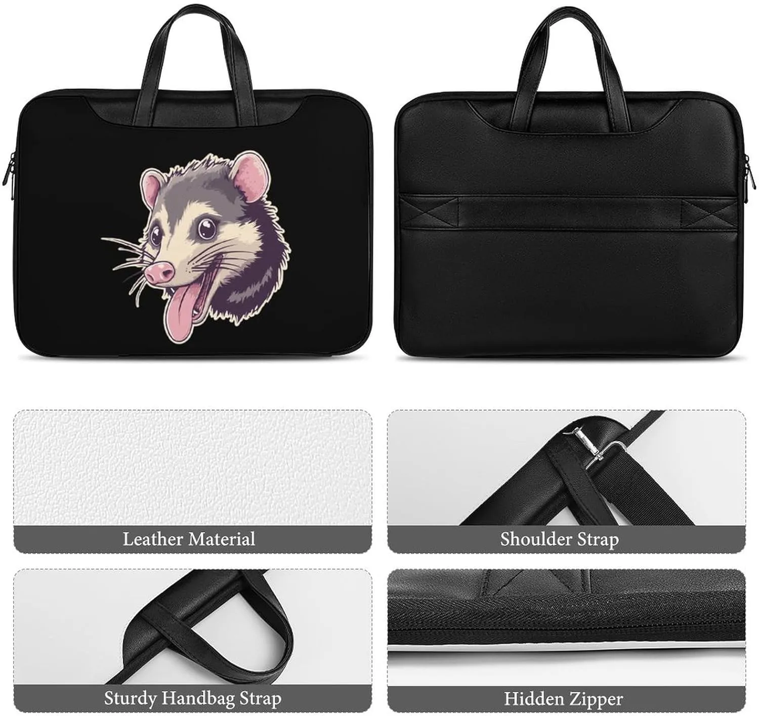 Cute Opossum with Tongue Out Leather Bag Laptop Case Slim Water Resistant Computer Bags with Handle Briefcase for Work
