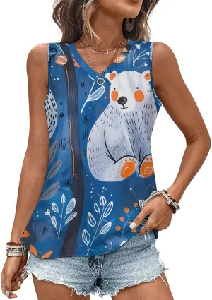 Cute White Bears Women's Tank Top Sleeveless V Neck T Shirt Casual Vests Funny Blouses