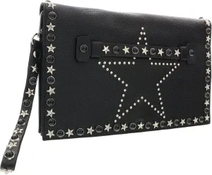 Daniela Fargion Black Silver Leather Star Studded Wristlet/Pouch Clutch for womens