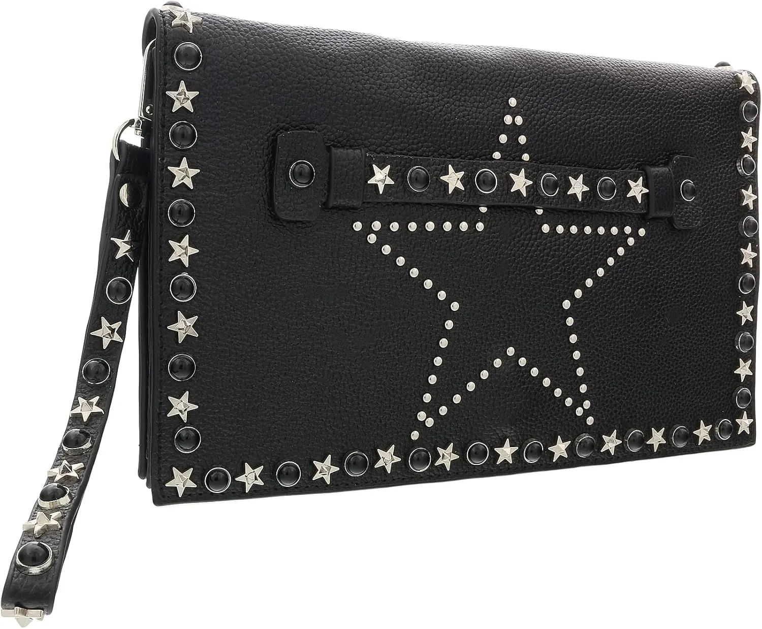 Daniela Fargion Black Silver Leather Star Studded Wristlet/Pouch Clutch for womens