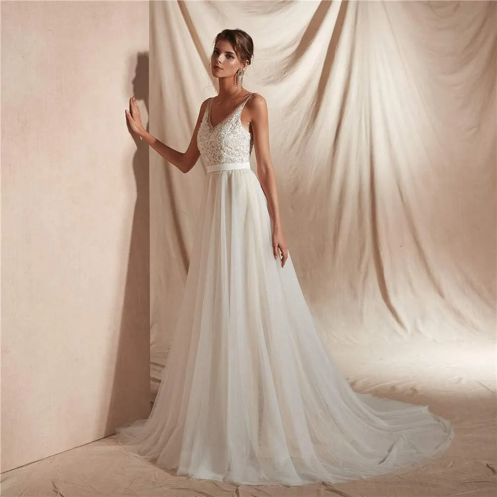 Datangep Women's Double V-Neck Lace Applique Empire Chapel Train Wedding Dress
