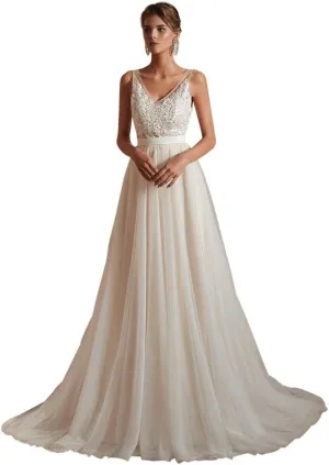 Datangep Women's Double V-Neck Lace Applique Empire Chapel Train Wedding Dress