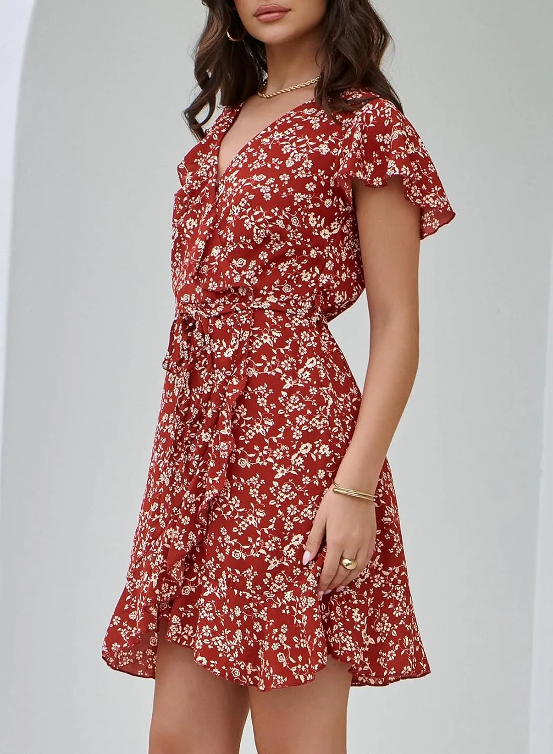 Dokotoo Womens Summer Dresses 2025 Deep V Neck Ruffle Floral Flowy Mini Dress Sundresses Vacation Beach Outfits for Women