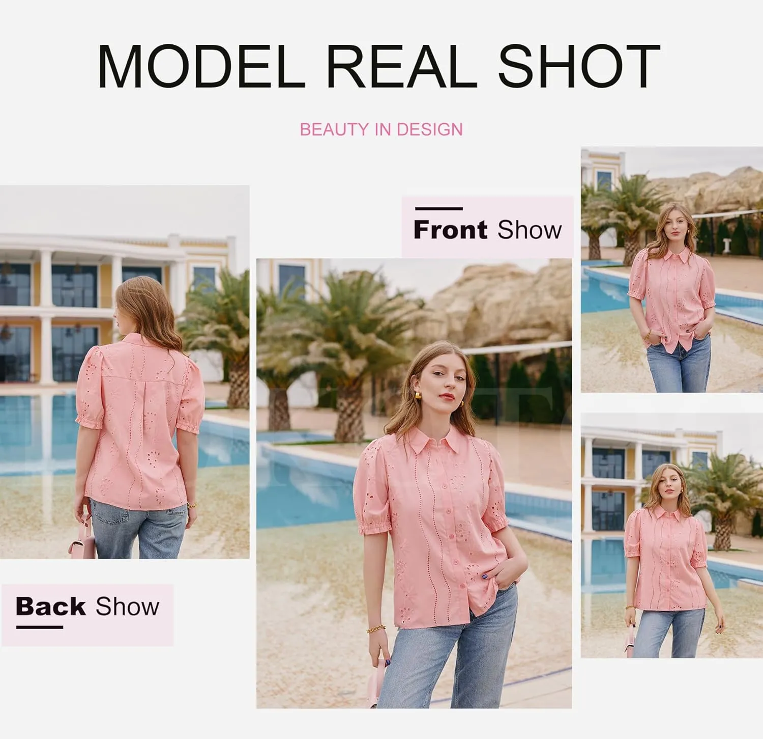 Dokotoo Women's Summer Tops Dressy Casual V Neck Short Sleeve Button Up Hollow Out Eyelet Lace Embroidered Blouses Shirts
