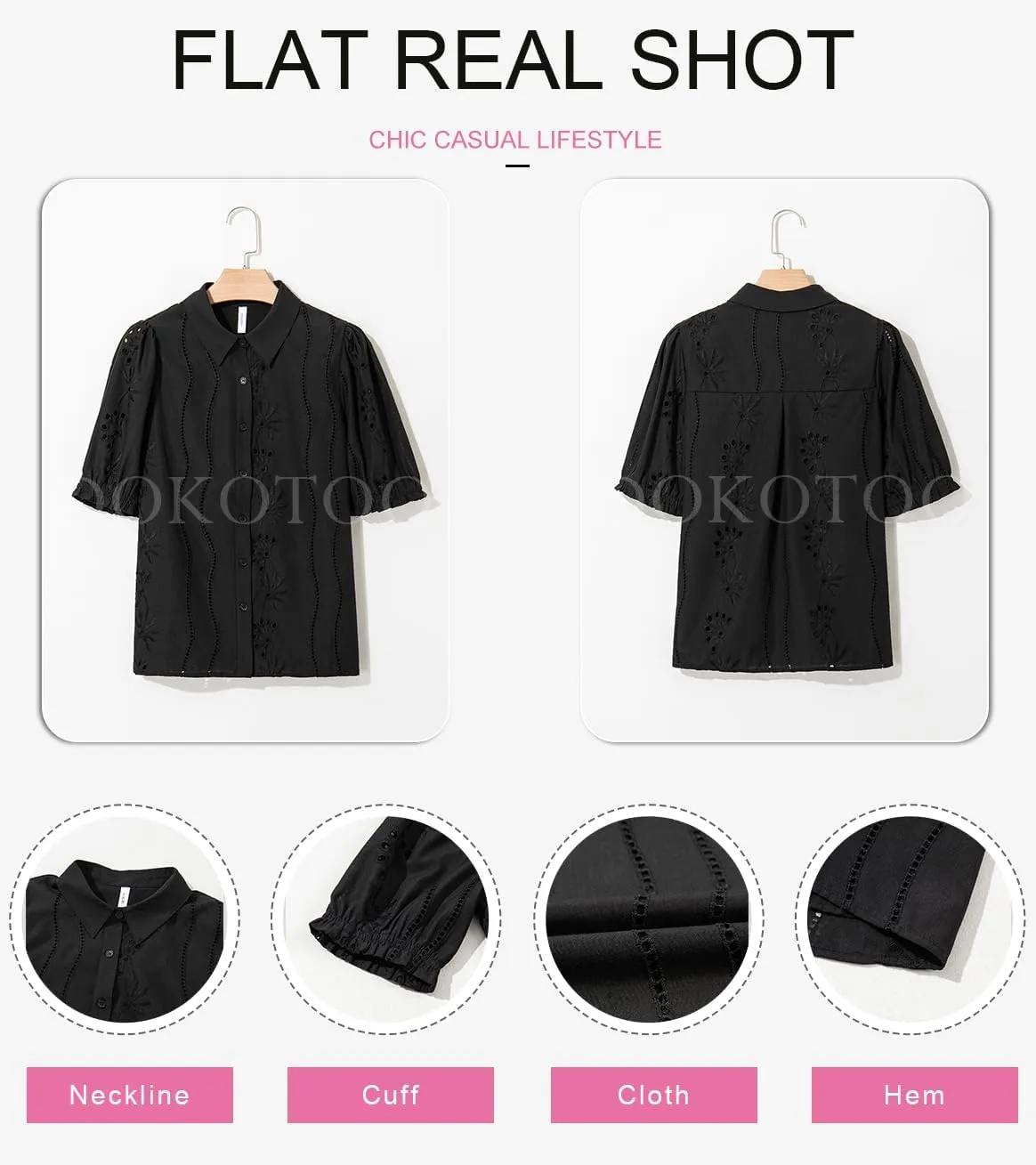 Dokotoo Women's Summer Tops Dressy Casual V Neck Short Sleeve Button Up Hollow Out Eyelet Lace Embroidered Blouses Shirts