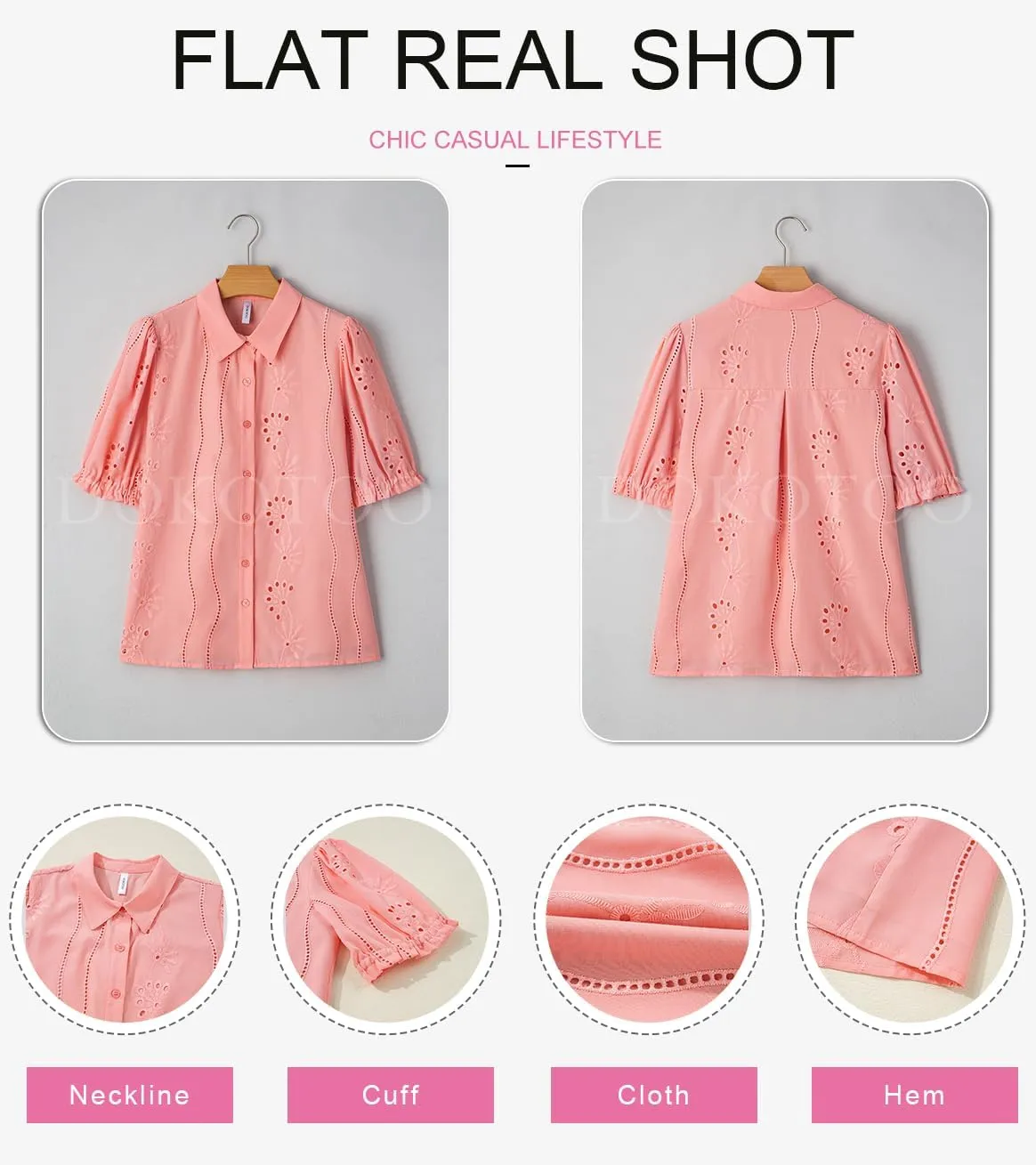Dokotoo Women's Summer Tops Dressy Casual V Neck Short Sleeve Button Up Hollow Out Eyelet Lace Embroidered Blouses Shirts