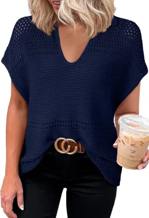Dokotoo Womens Tops 2025 Summer Spring Casual V Neck Short Sleeve Sweater Crochet Tops Casual Dressy Blouses