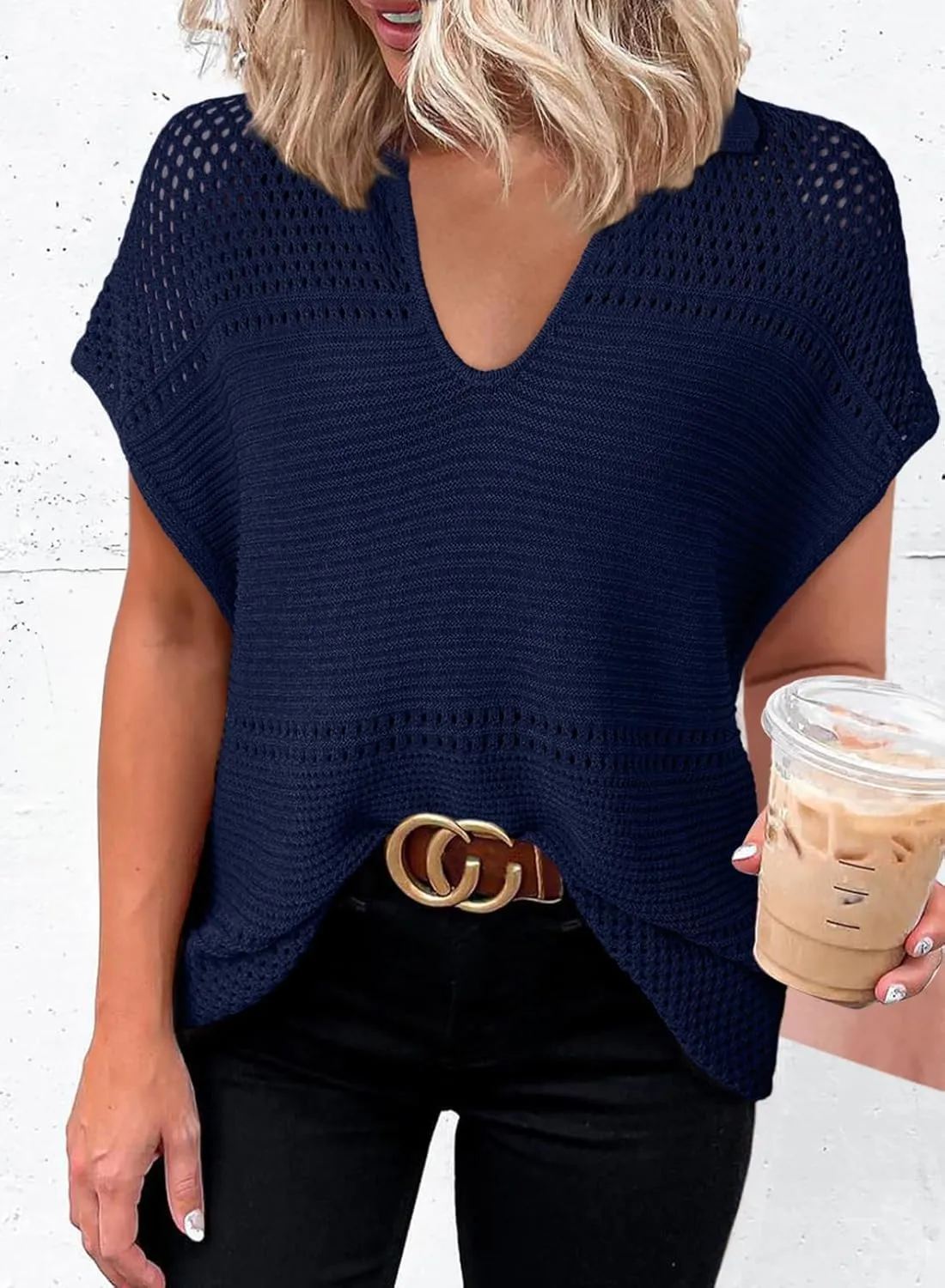 Dokotoo Womens Tops 2025 Summer Spring Casual V Neck Short Sleeve Sweater Crochet Tops Casual Dressy Blouses