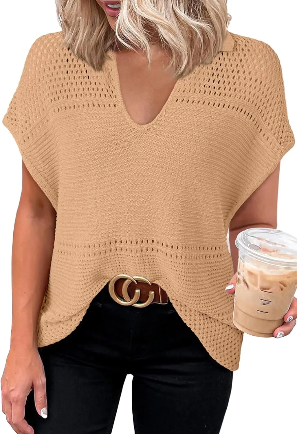 Dokotoo Womens Tops 2025 Summer Spring Casual V Neck Short Sleeve Sweater Crochet Tops Casual Dressy Blouses