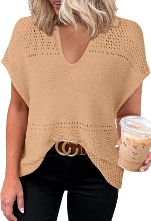 Dokotoo Womens Tops 2025 Summer Spring Casual V Neck Short Sleeve Sweater Crochet Tops Casual Dressy Blouses