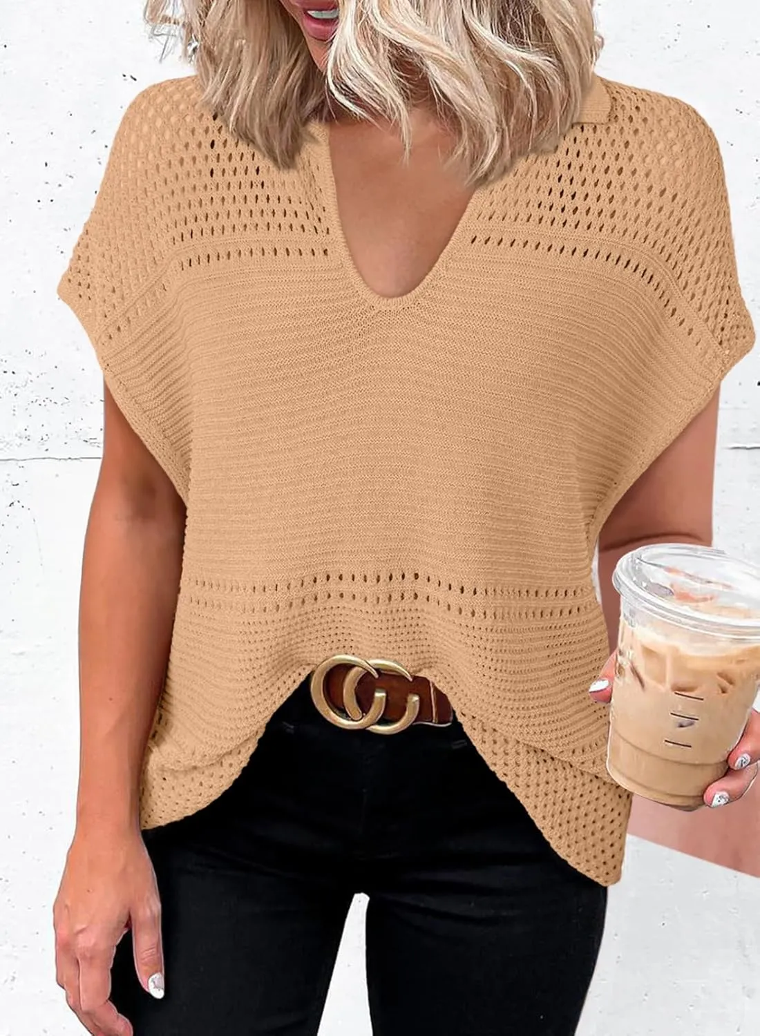 Dokotoo Womens Tops 2025 Summer Spring Casual V Neck Short Sleeve Sweater Crochet Tops Casual Dressy Blouses
