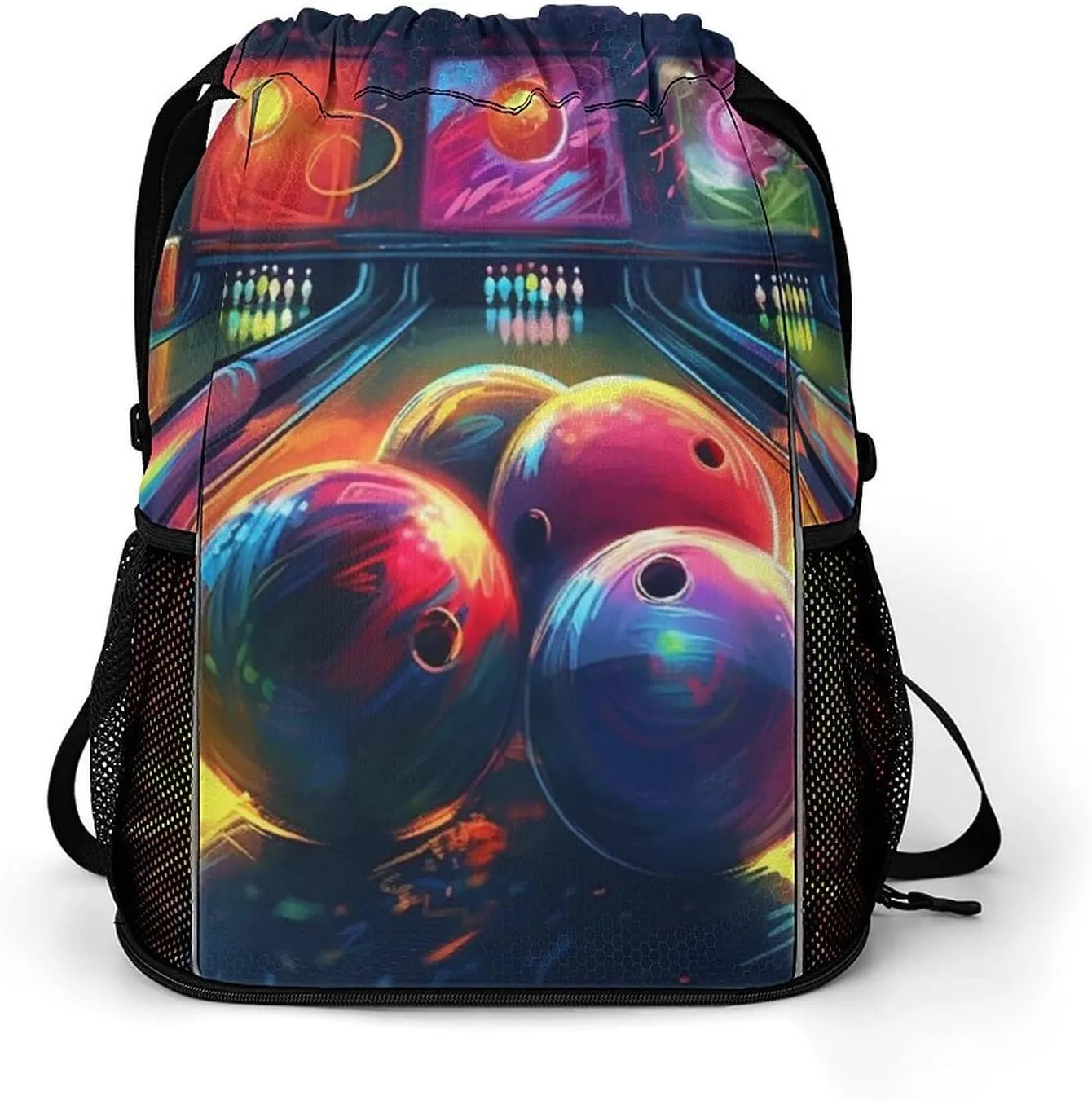 Drawstring Backpack Bowling Balls Printed Gym Sack Drawstring Bags with Compartment for Men And Women