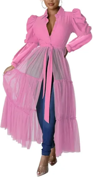 Ekaliy Womens Sexy Blouses Tunic Long Ruffle Sleeve Button Down Shirt Sheer Mesh Maxi Dress with Belt