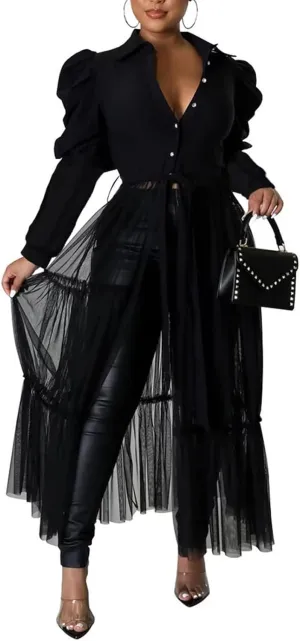 Ekaliy Womens Sexy Blouses Tunic Long Ruffle Sleeve Button Down Shirt Sheer Mesh Maxi Dress with Belt