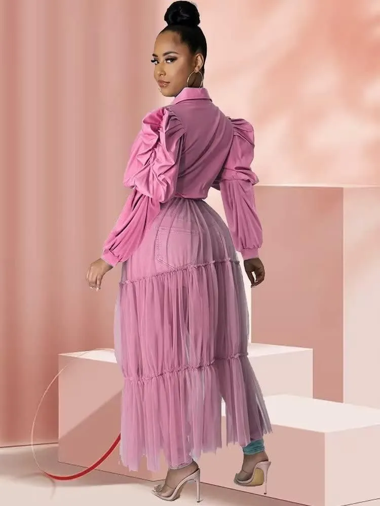 Ekaliy Womens Sexy Blouses Tunic Long Ruffle Sleeve Button Down Shirt Sheer Mesh Maxi Dress with Belt