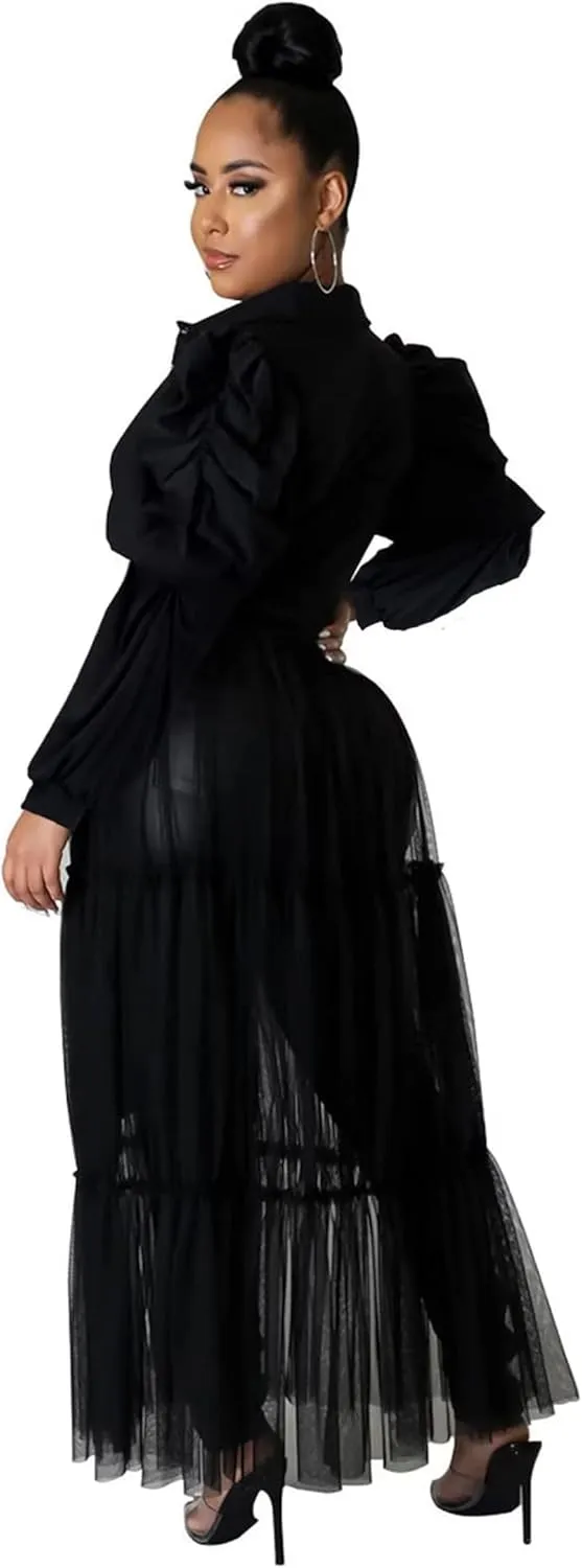 Ekaliy Womens Sexy Blouses Tunic Long Ruffle Sleeve Button Down Shirt Sheer Mesh Maxi Dress with Belt