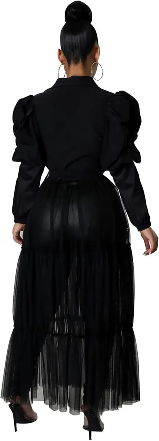 Ekaliy Womens Sexy Blouses Tunic Long Ruffle Sleeve Button Down Shirt Sheer Mesh Maxi Dress with Belt