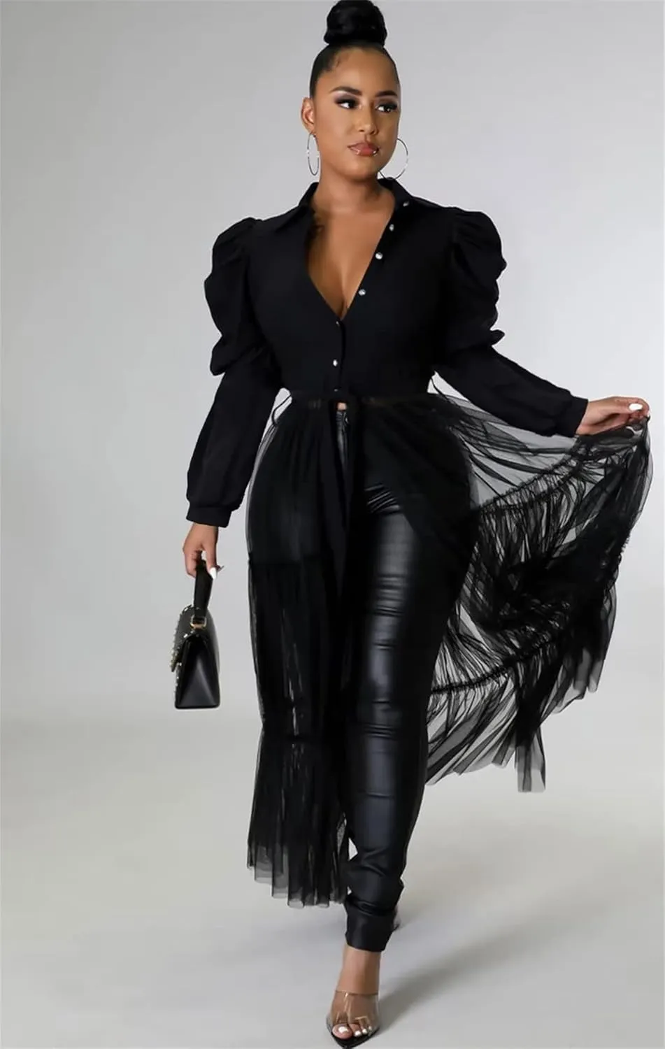 Ekaliy Womens Sexy Blouses Tunic Long Ruffle Sleeve Button Down Shirt Sheer Mesh Maxi Dress with Belt