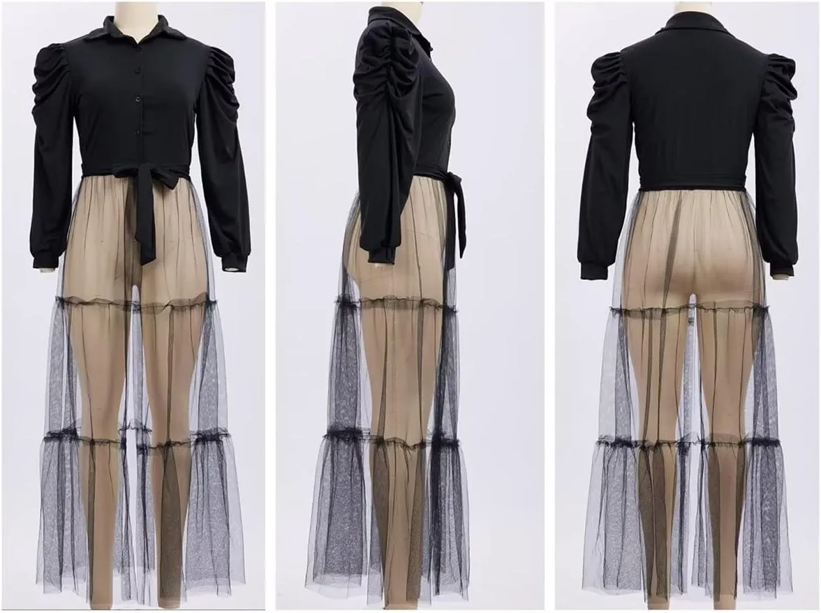 Ekaliy Womens Sexy Blouses Tunic Long Ruffle Sleeve Button Down Shirt Sheer Mesh Maxi Dress with Belt