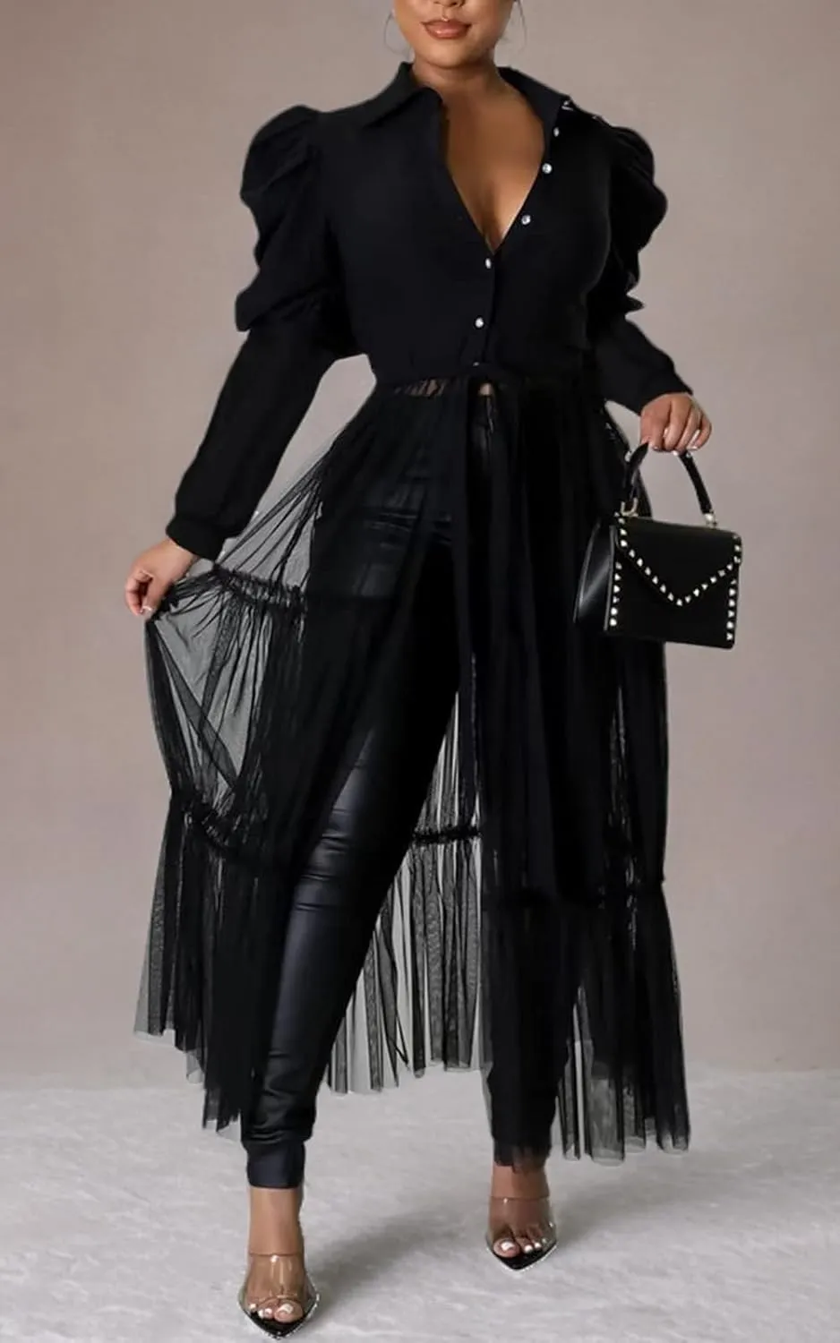 Ekaliy Womens Sexy Blouses Tunic Long Ruffle Sleeve Button Down Shirt Sheer Mesh Maxi Dress with Belt