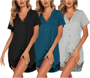 Ekouaer 3 Pack Nightgowns Women Button Down Sleep Shirts V Neck Night Shirts Night Gowns