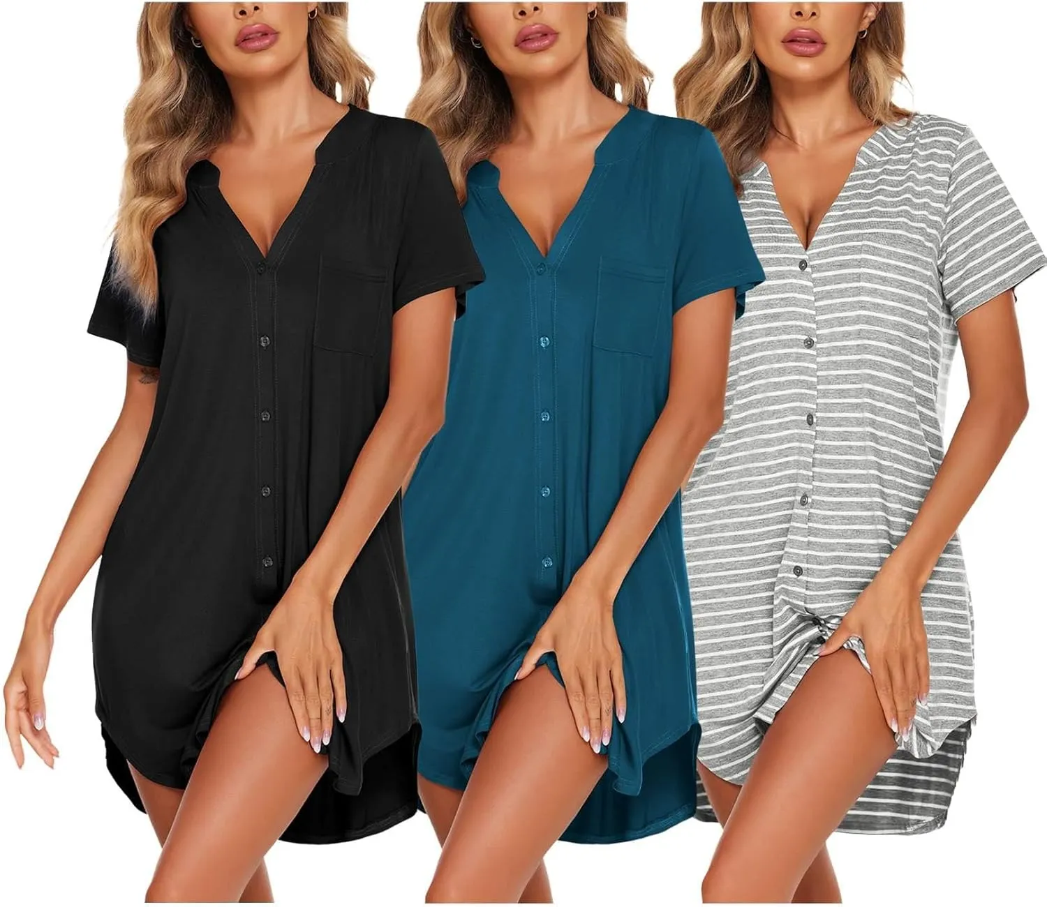 Ekouaer 3 Pack Nightgowns Women Button Down Sleep Shirts V Neck Night Shirts Night Gowns