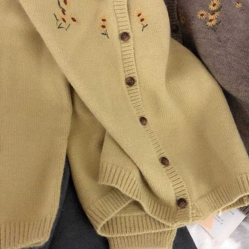 Embroidered Sunflower Knitted Cardigan