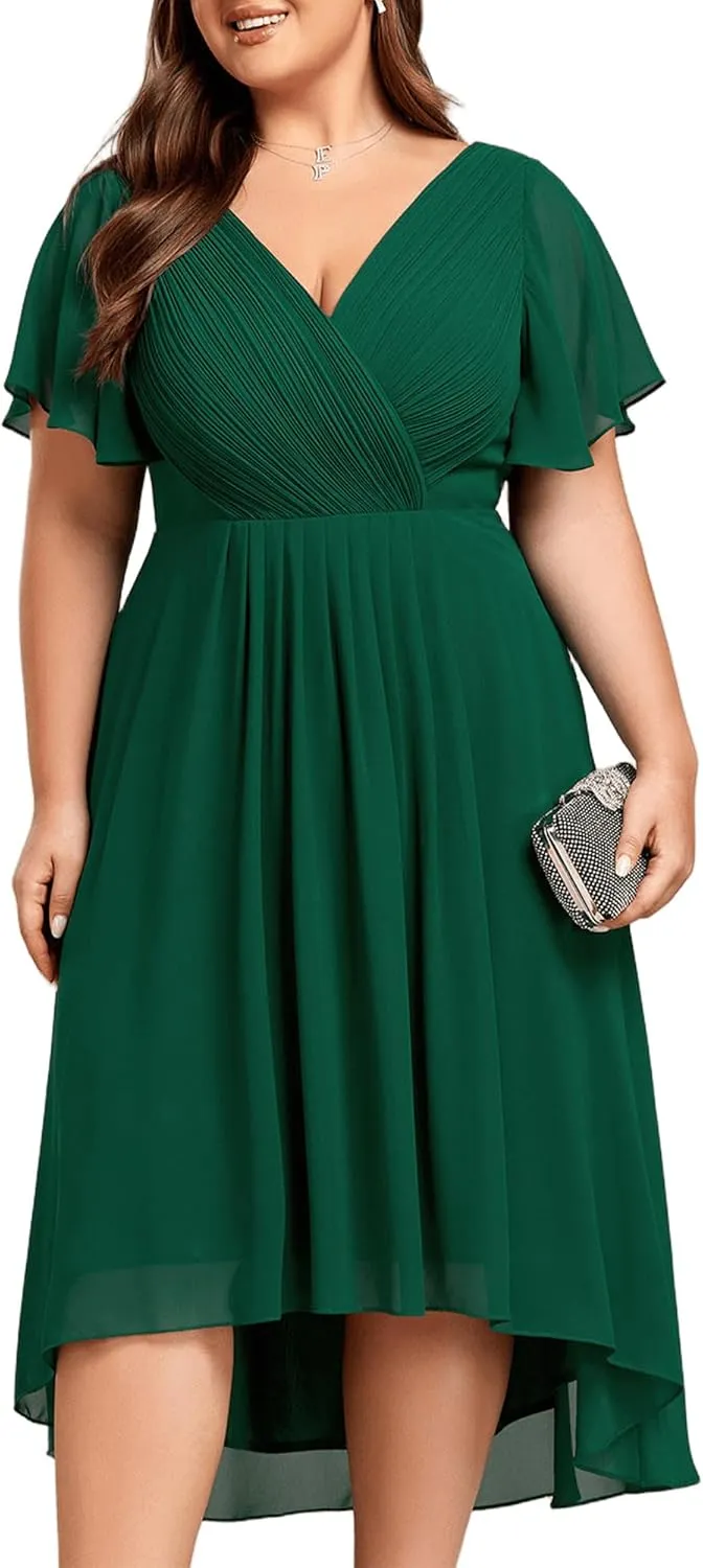 Ever-Pretty Plus Womens Short Sleeves V Neck A Line Chiffon Knee Length Plus Size Cocktail Dress for Curvy Women