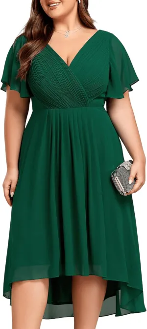 Ever-Pretty Plus Womens Short Sleeves V Neck A Line Chiffon Knee Length Plus Size Cocktail Dress for Curvy Women