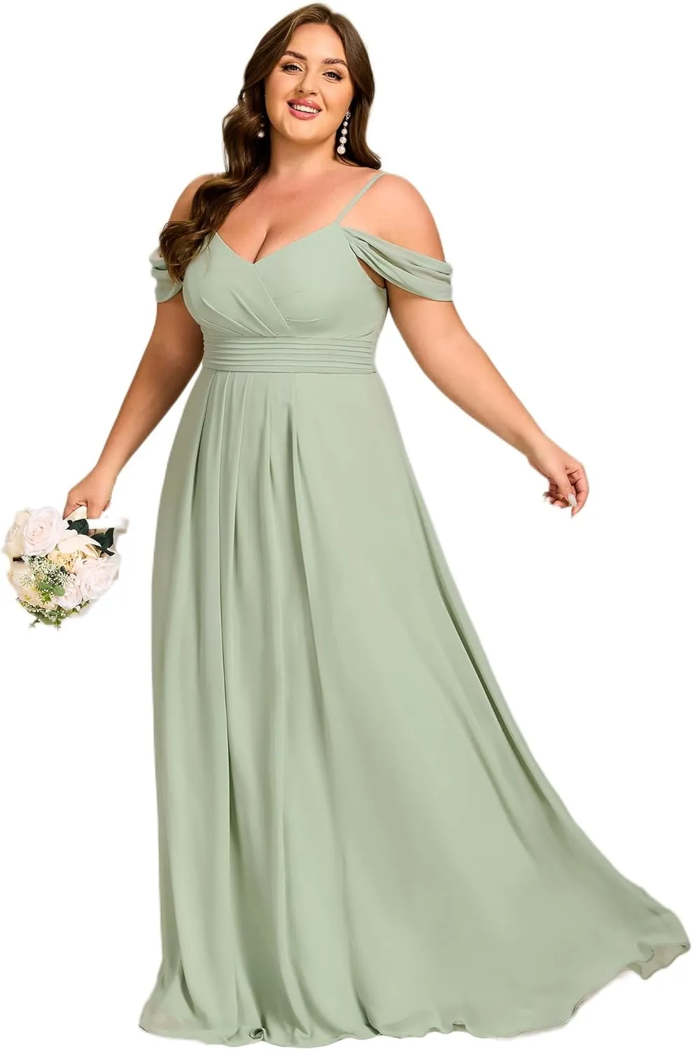 Ever-Pretty Plus Women's V Neck A Line Off Shoulder Sleeveless Chiffon Pleated Floor Length Plus Size Bridesmaid Dresses