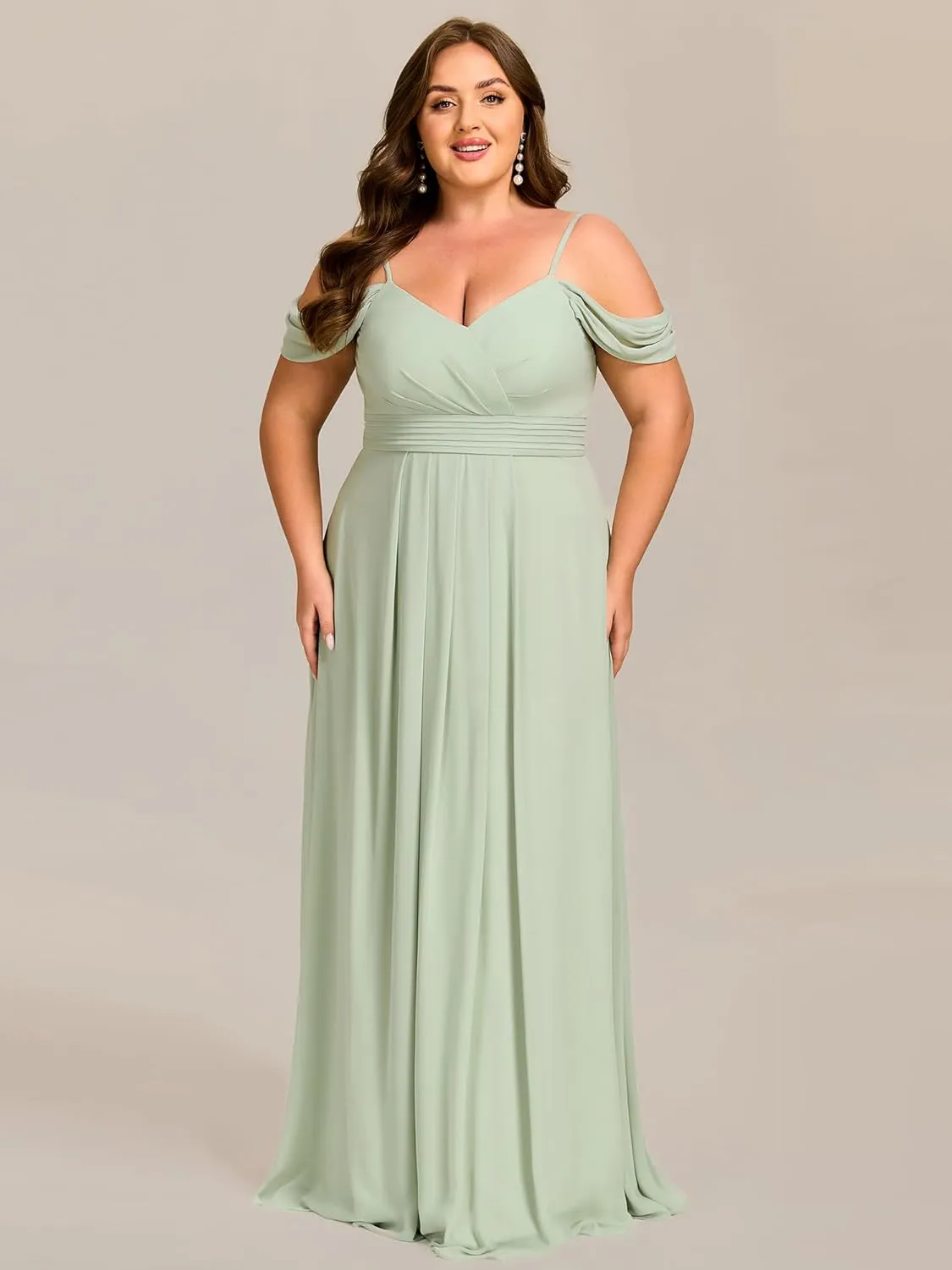 Ever-Pretty Plus Women's V Neck A Line Off Shoulder Sleeveless Chiffon Pleated Floor Length Plus Size Bridesmaid Dresses
