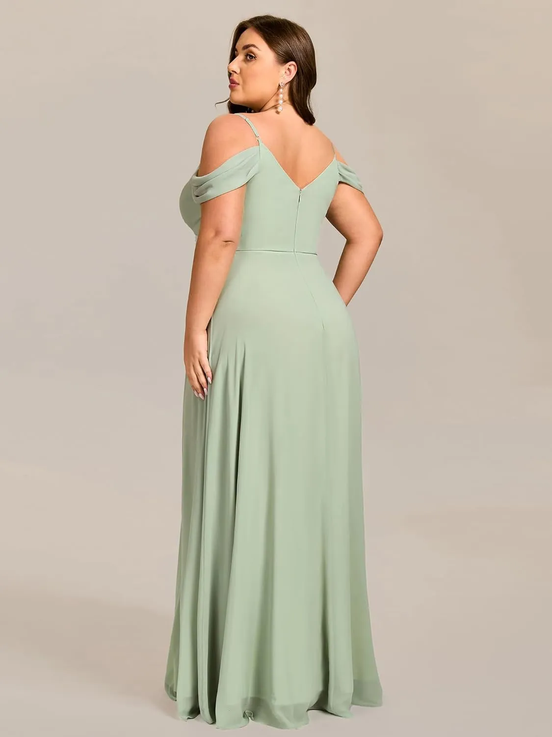 Ever-Pretty Plus Women's V Neck A Line Off Shoulder Sleeveless Chiffon Pleated Floor Length Plus Size Bridesmaid Dresses