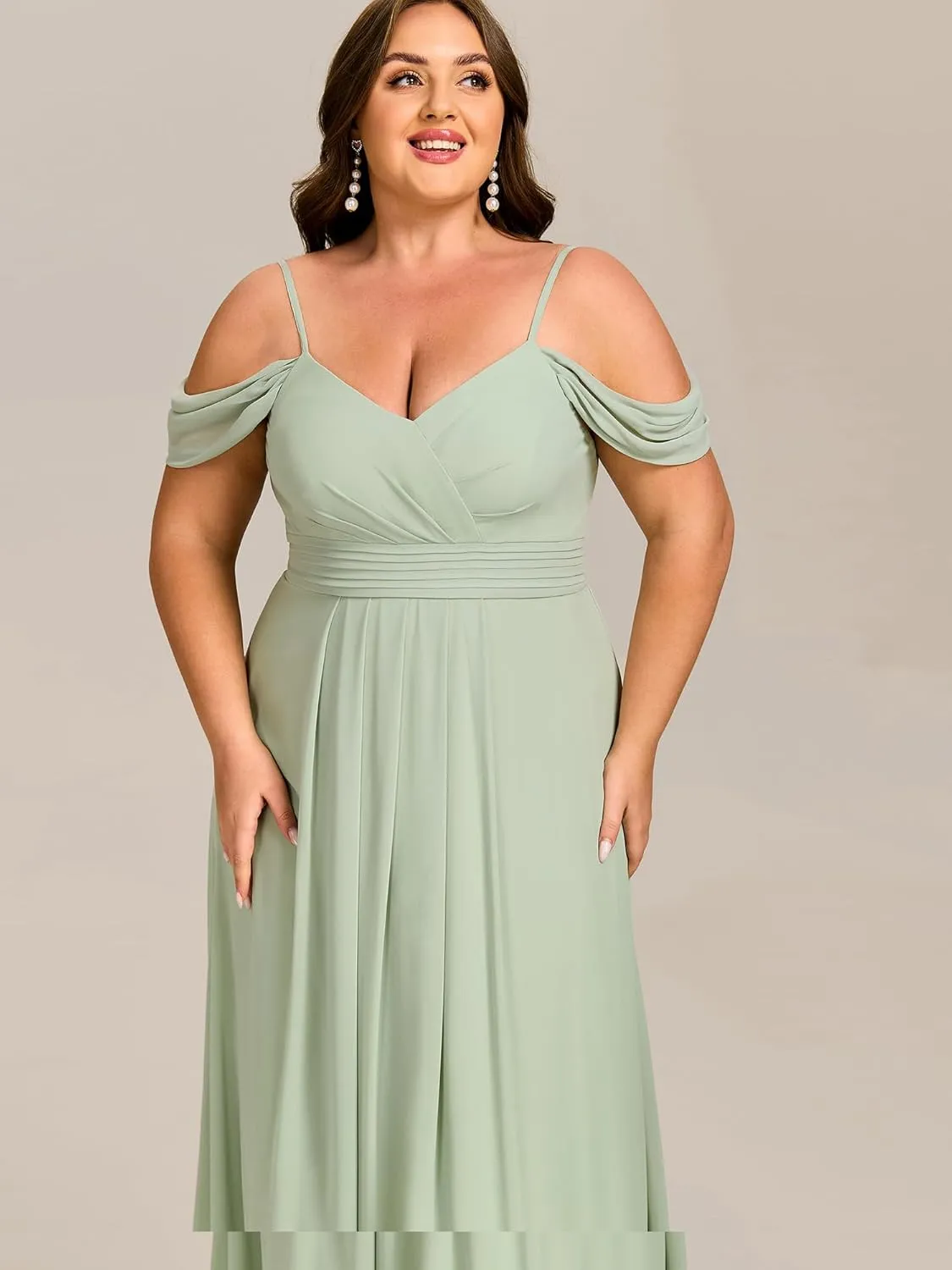 Ever-Pretty Plus Women's V Neck A Line Off Shoulder Sleeveless Chiffon Pleated Floor Length Plus Size Bridesmaid Dresses