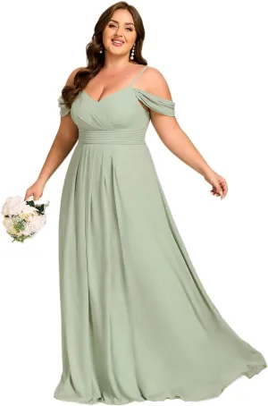 Ever-Pretty Plus Women's V Neck A Line Off Shoulder Sleeveless Chiffon Pleated Floor Length Plus Size Bridesmaid Dresses