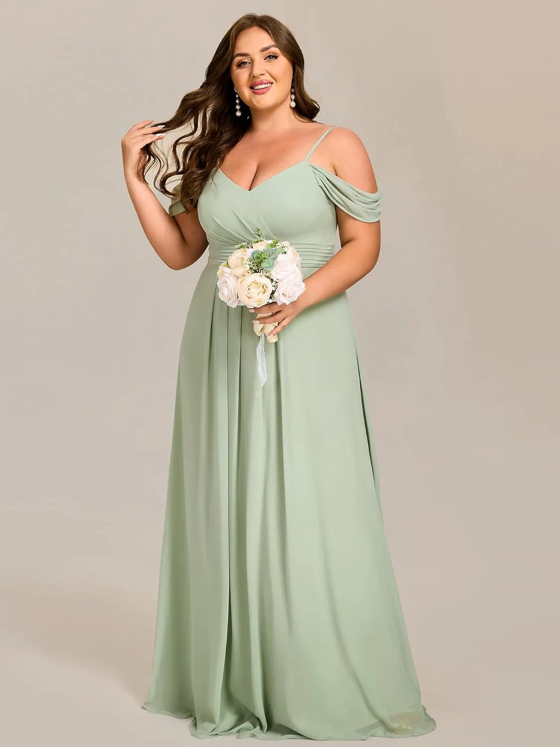 Ever-Pretty Plus Women's V Neck A Line Off Shoulder Sleeveless Chiffon Pleated Floor Length Plus Size Bridesmaid Dresses