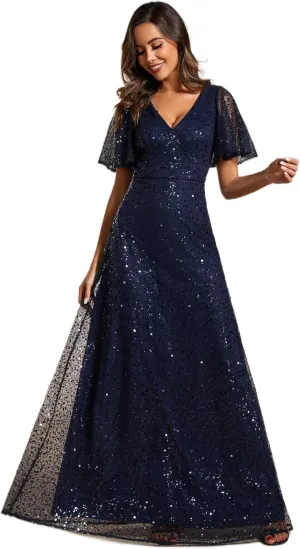 Ever-Pretty Women's Elegant Sequin Short Ruffle Sleeve Embroidery A-Line Evening Dress Formal Wedding Maxi Dress 02120-PH