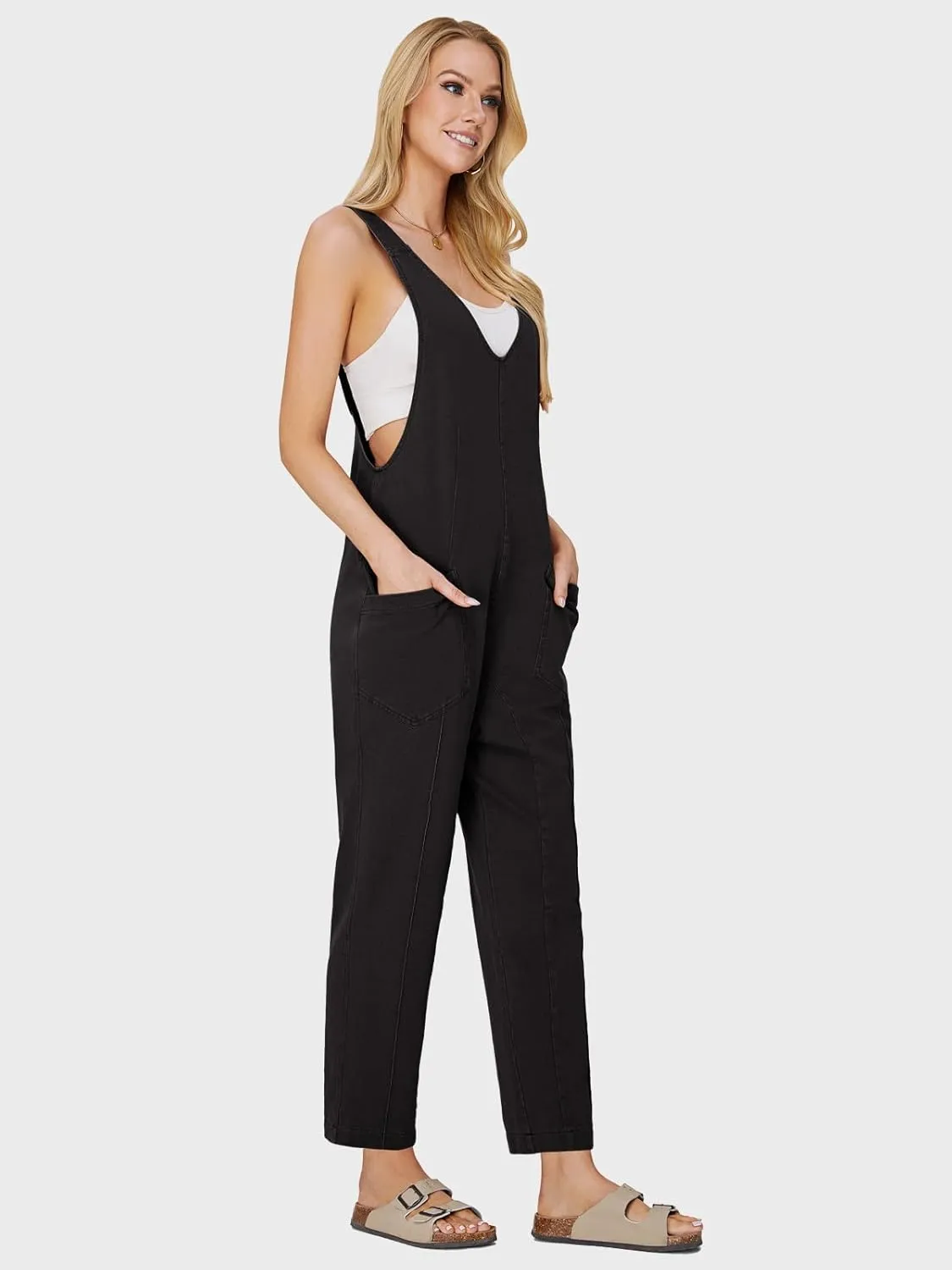 EXLURA Women Summer High Roller Denim Jumpsuits Casual Loose Beach Vacation Trendy Fashion Overalls Jeans Romper Pockets 2025