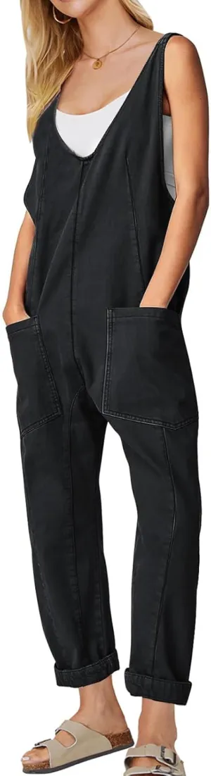 EXLURA Women Summer High Roller Denim Jumpsuits Casual Loose Beach Vacation Trendy Fashion Overalls Jeans Romper Pockets 2025