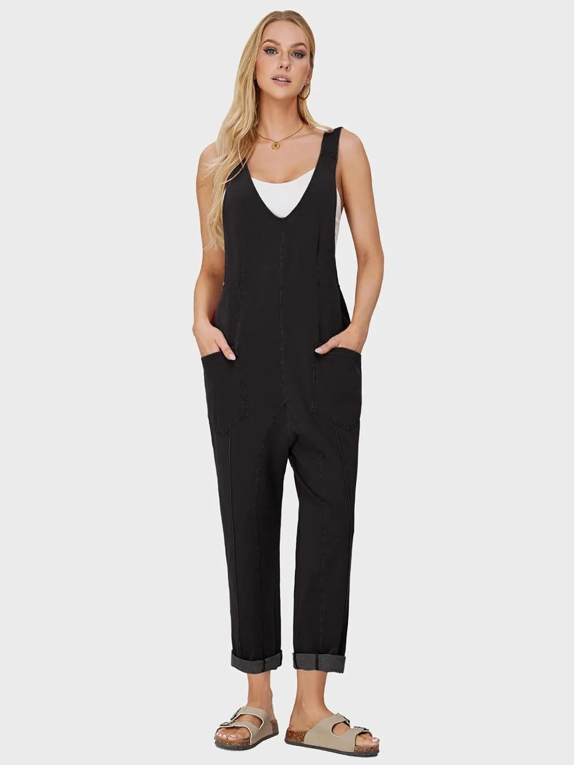 EXLURA Women Summer High Roller Denim Jumpsuits Casual Loose Beach Vacation Trendy Fashion Overalls Jeans Romper Pockets 2025