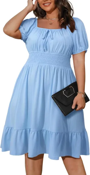 Eytino Women Plus Size Summer Dress Short Sleeve Sweetheart Neck Casual Mini Dresses