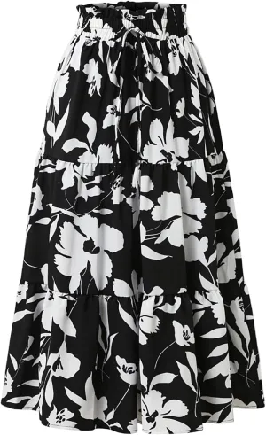Floral Midi Skirts for Women Summer Tiered Drawstring Elastic Waist Knee Length Skirts Smocked A-Line Flowy Boho Skirt