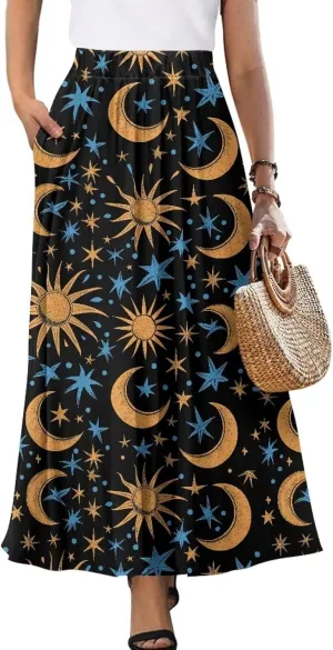 Flowy Maxi Skirts for Women Flared Long Casual Skirts with Pockets Swing Pleated Elastic High Waist A-Line Skirts