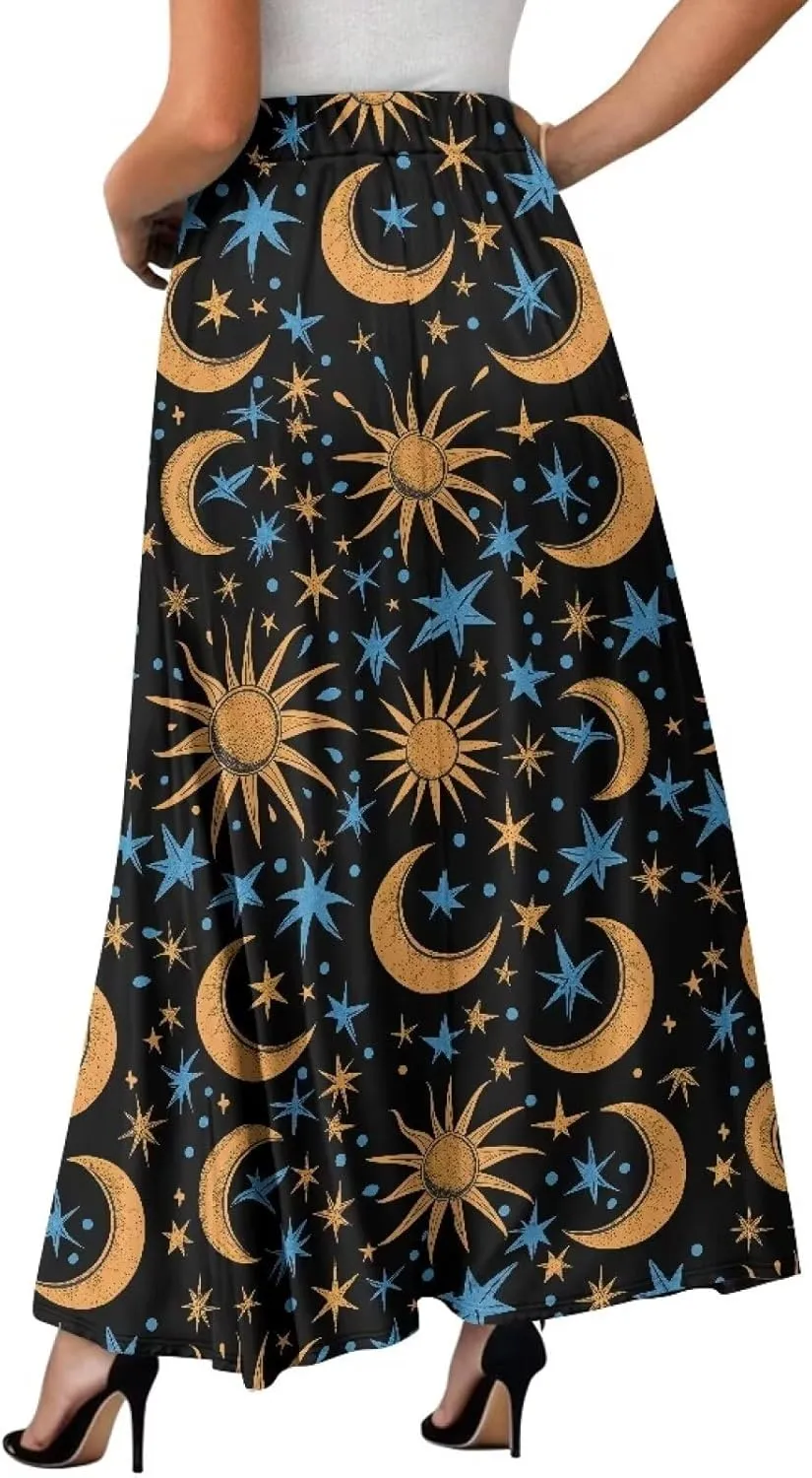 Flowy Maxi Skirts for Women Flared Long Casual Skirts with Pockets Swing Pleated Elastic High Waist A-Line Skirts