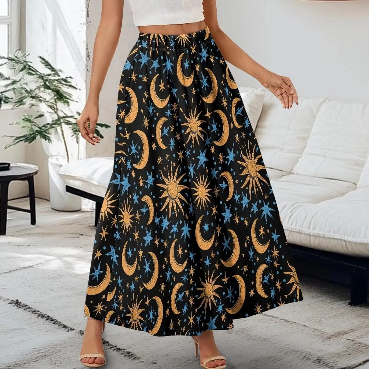 Flowy Maxi Skirts for Women Flared Long Casual Skirts with Pockets Swing Pleated Elastic High Waist A-Line Skirts