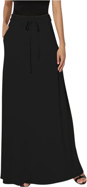 Flowy Plus Size Maxi Skirts for Women Elastic High Waisted Ankle Length Skirt Stretch A Line Drawstring Dress