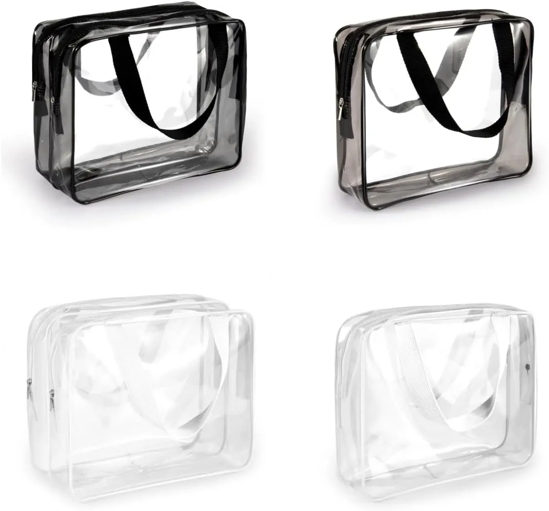 Four Pieces Large clear PVC makeup bags with handle,Large Travel storage pouch,Cosmetic bags for toiletries men women (BLACK/WHITE)